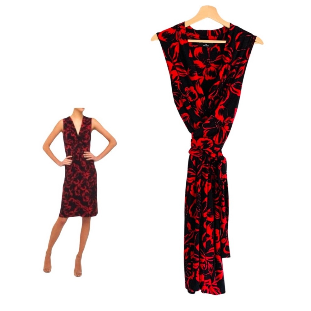 Norma Kamali Tie Front Floral Print Sleeveless Faux Wrap Knit Jersey Dress Large
